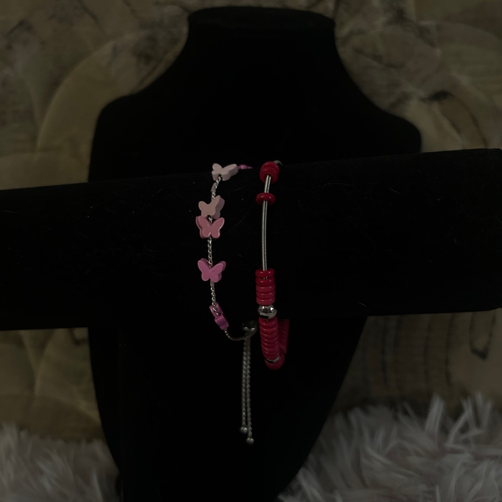 925 Sterling Silver Pink Butterflies Charm Adjustable Bracelet + Pink Bracelet